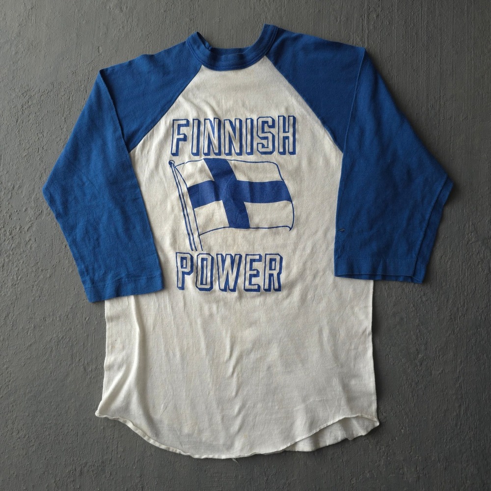 Vintage 80s AJays White Blue Finnish Power Raglan T-shirt M Finland Flag Graphic